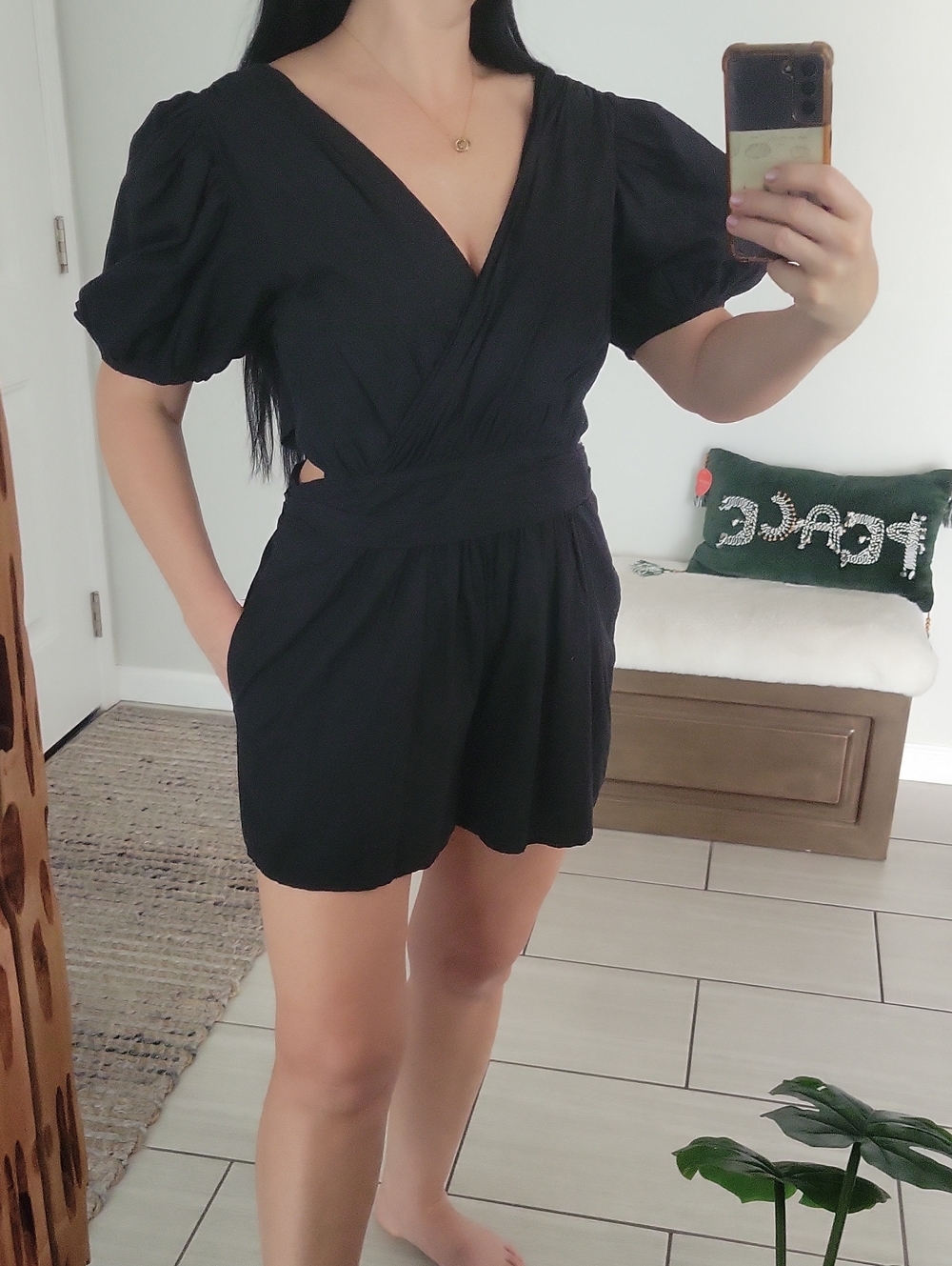 Black Puff-Sleeve V-Neck Romper